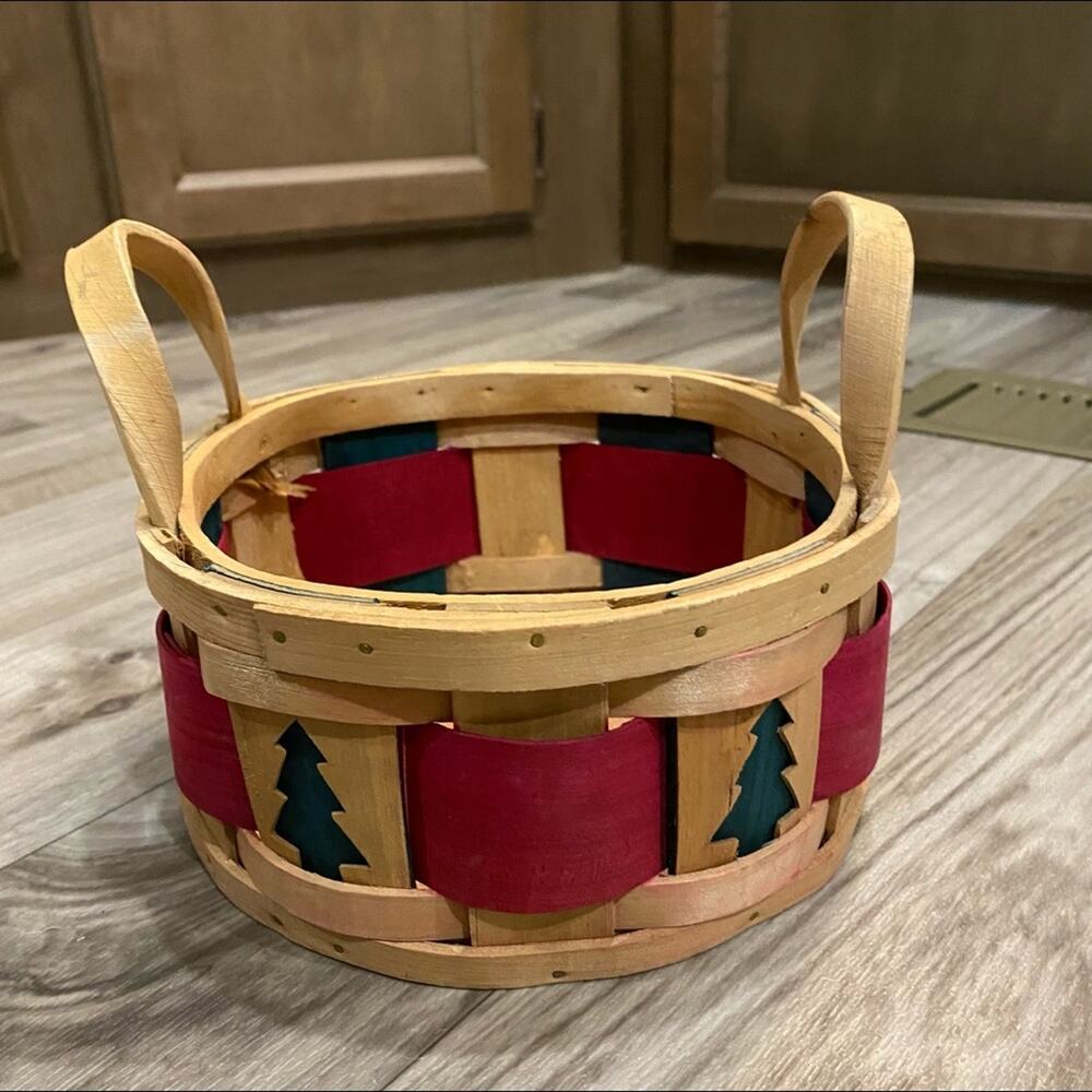 Split Oak Christmas‎ Round Basket Double Handles 7-1/2"D x 3-1/2"H